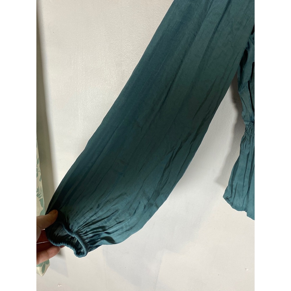 Nine West Teal Smocked Peplum Blouse L Balloon Sleeve Cottagecore Modest - Picture 4 of 7